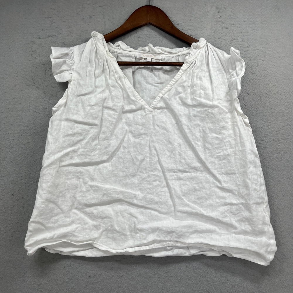 Olivaceous Blouse‎ Women L White 100% Linen Ruffle Sleeve Coastal Anthropologie